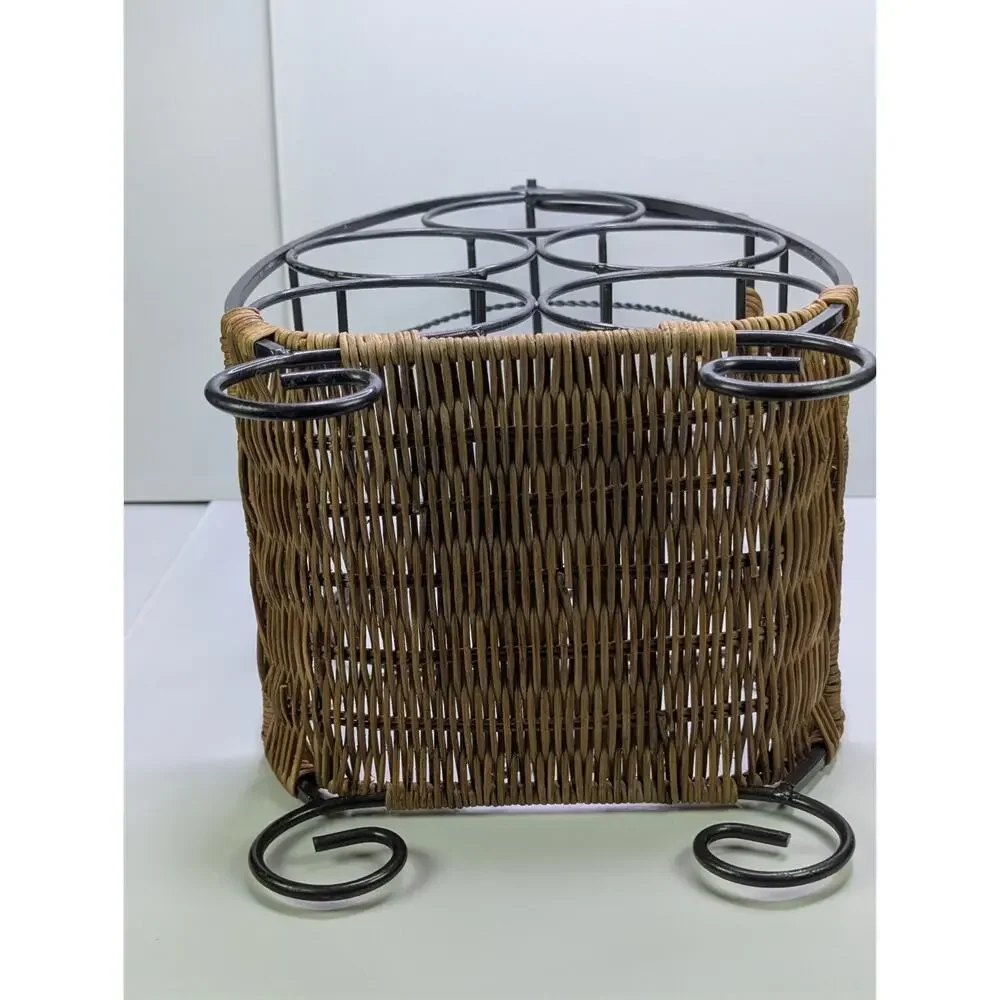 6 Bottle Wine Rack Black Metal Wicker Rattan Countertop Decorative Holder